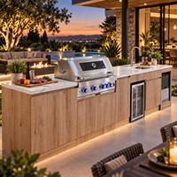 Îlot de cuisine extérieur moderne et luxueux, résistant aux intempéries, en acier inoxydable à effet bois, avec 6 brûleurs, barbecue à gaz encastré, allumage piézoélectrique