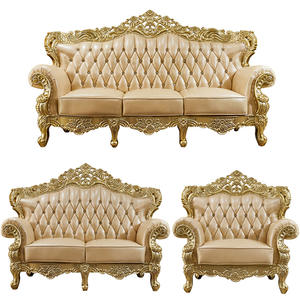 طقم غرفة معيشة أوروبي بتصميم آرت ديكو مكون من كنبة ثلاثية وكنبة ثنائية وكرسي مفرد، مصنوع من الخشب الصلب المنحوت يدويًا والجلد الطبيعي مع حشوة إسفنجية معنقدة - Product Image 5