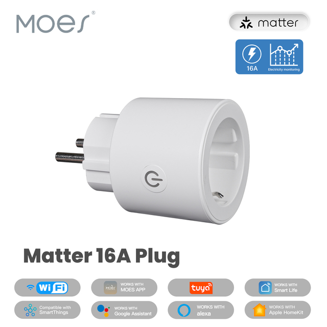 MOES Tuya Smart Matter Plug WiFi Socket 16A Outlet Power Monitor Remote Control Support Apple Home Google Home Alexa Smartthings