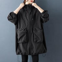 Nouvelle Collection Automne 2026 – Manteau Coréen Chic et Décontracté pour Femme, Taille Unique, Coupe Ample, Mi-long, à Capuche, avec Grandes Poches Plaquées et Fermeture Éclair