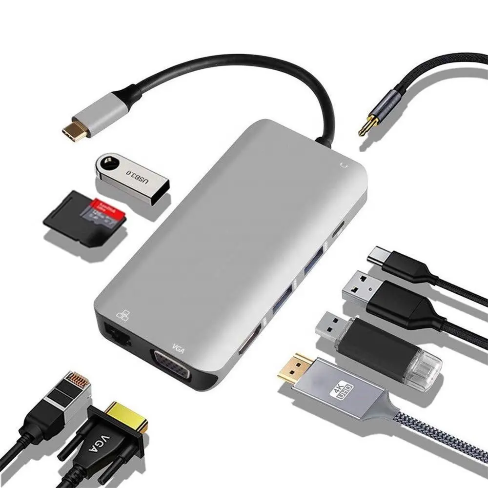 10 1 USB tipi C HDMI VGA Aux ses RJ45 Gigabit ve PD şarj SD TF kart okuyucu ve 3 USB3.0 MacBook için Hub ve daha fazlası