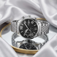 Montre classique pour hommes d'affaires, mouvement japonais, chronographe, affichage de la date, bracelet en acier inoxydable, chiffres romains, 42 mm, résistante à l'eau