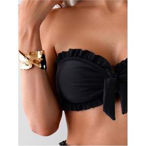 ชุดบิกินี่แบบผูกหน้าสำหรับผู้หญิง ดีไซน์ระบาย สายรัดไหล่แบบไม่มีสาย ชุดว่ายน้ำสองชิ้นเอวสูง ผ้าซาติน แห้งเร็ว สำหรับฤดูใบไม้ผลิและฤดูร้อน - Product Image 1