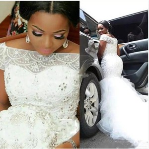 <b>White</b> Off The Shoulder <b>Lace</b> Sheath Wedding Dress Natural Waist Scalloped Neckline Polyester Fiber - Product Image 3