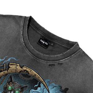 Camisetas Casuales Extra Grandes para Hombre, Color Negro, Lavado Ácido, Estilo Desgastado, Estampado de Gato Steampunk, Camisetas de Manga Corta de Algodón Transpirable de Alta Calidad - Product Image 3