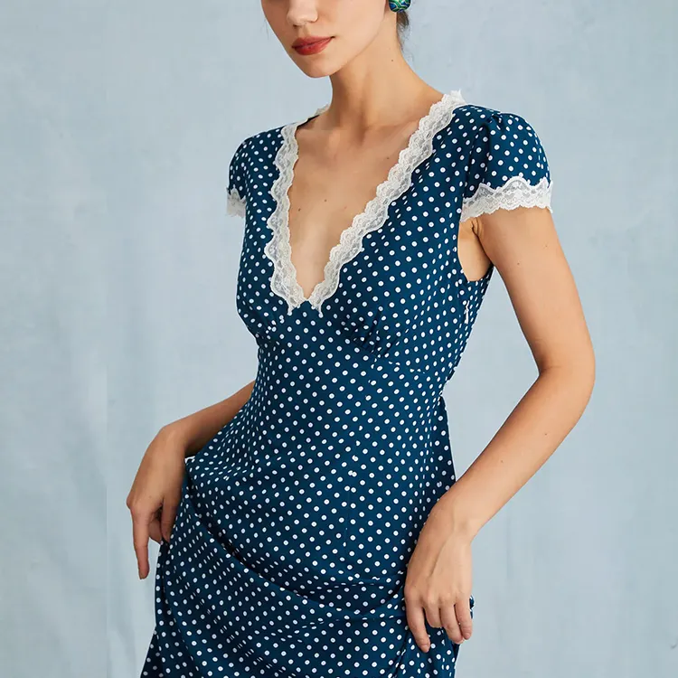 Clothing manufacturer elegant maxi chiffon floral dress wholesale summer dress custom lace v neck high waist polka dot dress