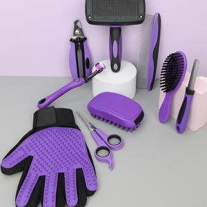 <span class=keywords><strong>Kit</strong></span> de toilettage pour animaux de compagnie 9 pièces : peigne à aiguilles en acier, ciseaux, gants de bain, brosse, coupe-ongles, brosse pour enlever les poils, chien, chat - Product Image 5