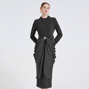 Vestido de Noche de Color Sólido con Pliegues, Cintura Imperio, Cuello Redondo, Manga Larga, Falda Maxi con Abertura, Ecológico, Moderno y Elegante - Product Image 3