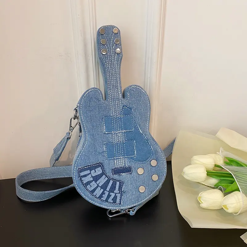 New Fashion Guitar Strap Purse 2023 Blue Women Denim Bag Unique Lady Fashion Design Purses for Woman