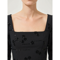 Robe mini noire unie à sequins tissés, taille naturelle, col carré, manches longues, pour soirée