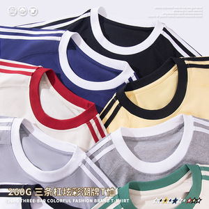 Camiseta de Manga Corta con Cuello Redondo y Tres Rayas, Estilo Americano, Resistente, 260G, Unisex, Mezcla de Algodón, Absorbente de Humedad, Raglán, Color Block - Product Image 2