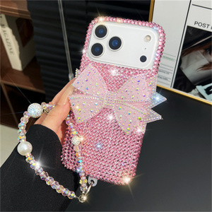 Coque de téléphone de luxe avec breloques nœud papillon en diamant pour iPhone 17 Air 16 Pro Max, chaîne 3D, bracelet Bling, cordon en strass, coque arrière - Product Image 5