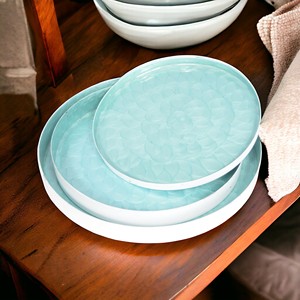 Plat fantaisie en fer blanc personnalisé bleu ciel émail enduit de poudre assiette de service accessoires de cuisine pour usage domestique prix de l'assiette de riz - Product Image 6