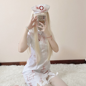 Costume d'infirmière sexy pour femmes, ensemble de robe de cosplay pour jeu de rôle, blanc avec motif croix rouge, manches courtes, style jupe - Product Image 2
