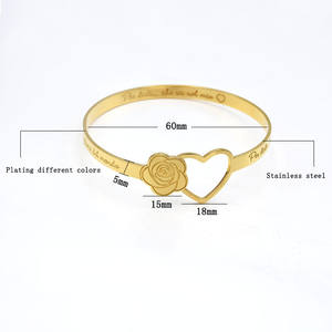 Tagor Factory OEM Lady's Fashion Trendy Acero inoxidable Rose Silver Gold Plated Cutting Big Flower Heart Brazaletes Pulseras - Product Image 4
