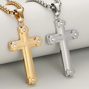 Collier pendentif croix chrétienne punk en acier inoxydable, double couche, avec breloque de prière religieuse et strass, amulette de foi, bijou religieux - Product Image 1