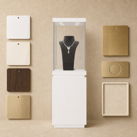 Vitrine de présentation pour bijouterie, cadre métallique sur mesure, base en bois, verre trempé, vitrine LED, équipement de vente en gros