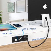 Prise de bureau encastrée ETL 10A à charge rapide industrielle, 3 prises standard USA, 2 ports USB A/C PD 20W