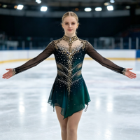 Robe de patinage artistique vert foncé à col montant et manches longues, ornée de strass et de mailles, pour la compétition et les spectacles des adultes et des enfants