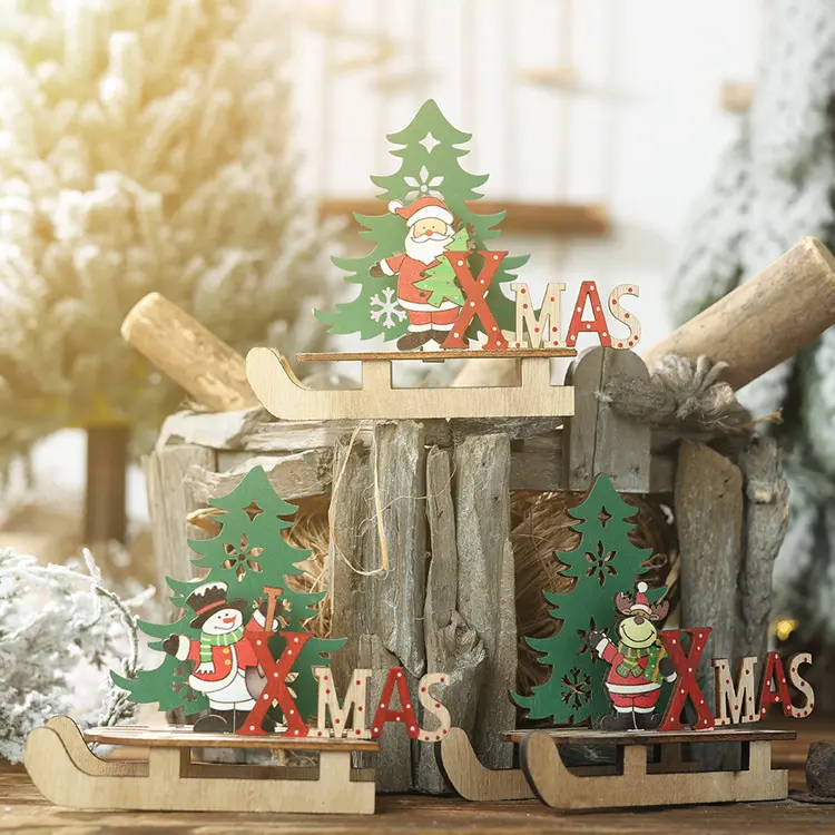 Dekorasi Natal Hadiah DIY Anak-anak, Tampilan Jendela Kartun Rusa Sinterklas, Manusia Salju dan Hadiah Kayu