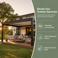 Pavillon en aluminium à persiennes motorisées avec éclairage LED, revêtement en poudre écologique, abri extérieur pour jardin, balcon, espace extérieur