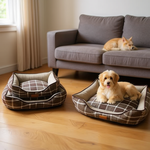 Three-Piece Brown Checkered Linen Nest Set for Pets Square <b>Beds</b> - Product Image 3