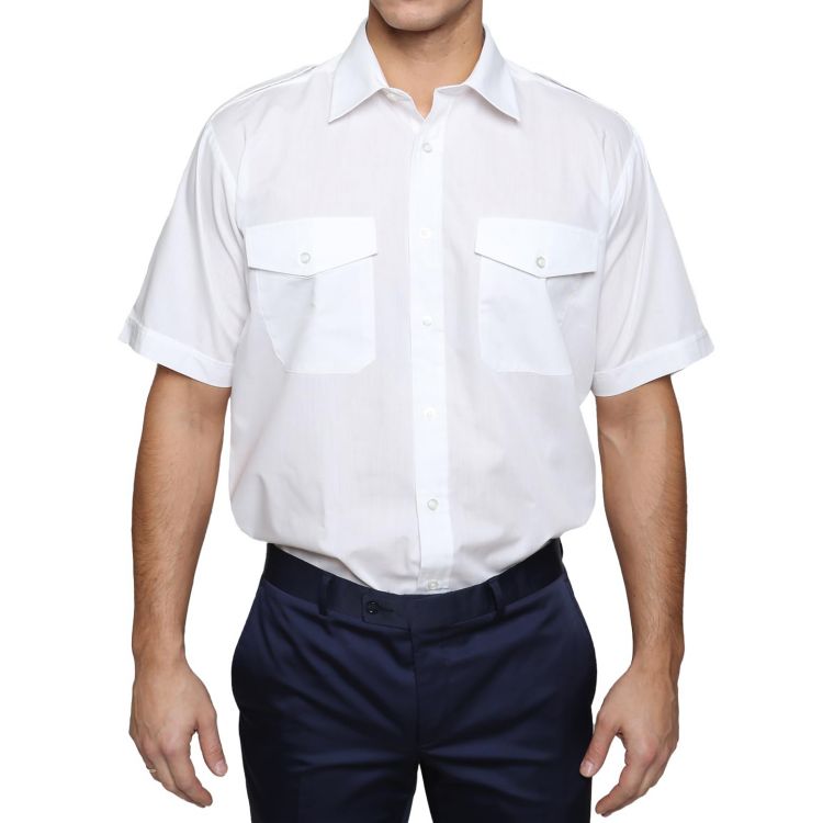 Camisa piloto masculina de manga curta branca, uniforme de aviação profissional, camisas clássicas para uso de trabalho