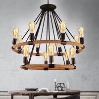 Lustre suspendu rétro en fer forgé avec corde de chanvre, éclairage LED, style loft, design créatif pour les magasins de vêtements, les restaurants