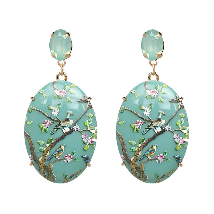 Big Szie Earrings Vintage Resin Design Eardrop Ladies Fashion Pressed Flower Green Oval Earrings