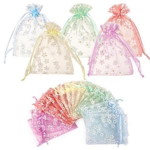 Sacs en organza fleuri, sacs en maille avec cordon de serrage, 7x9cm, petits sacs cadeaux transparents à imprimé floral pour Noël, mariage - Product Image 1
