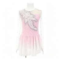 Robe de patinage et de danse pour enfants et adultes, dégradé rose et blanc, manches longues en maille, dos diagonal orné de strass, pour compétition et spectacle de patinage sur glace