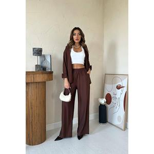 Conjunto Casual para Mujer al por Mayor, Camisa con Cuello Asimétrico y Solapa con Pantalones Anchos, Trajes Marrones Estilo Alice para Mujer, Nuevo Diseño - Product Image 5