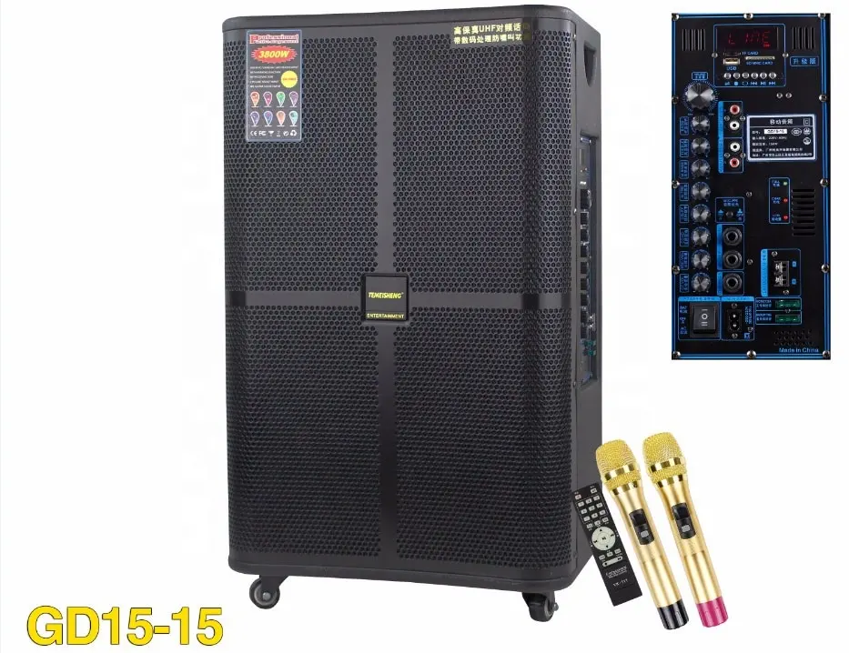 아마존 최고의 판매 15 인치 BT 노래방 휴대용 슈퍼베이스 DJ 스피커 사운드 시스템 배터리 200W 전력 증폭기 프로 트롤리 스피커