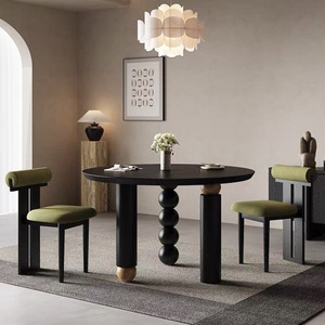 Solid Wood Rectangle Dining <b>Table</b> <b>Matte</b> Black Cylindrical Carving Stable Combination Dining Room Furniture - Product Image 2