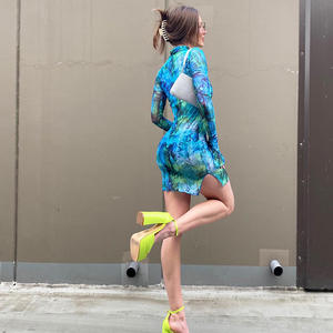 Moda tasarım kadınlar örgü baskı uzun kollu Bodycon elbise parti gece elbisesi görmek Mini elbise See Through - Product Image 5