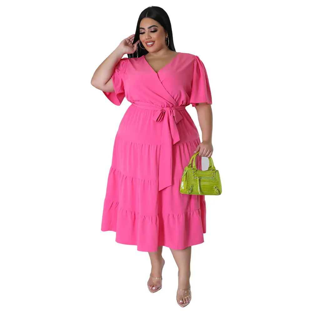 Elegant Ladies Womens Plus Size V Neck Wrap Maxi High Waist Ruffle Summer Short Sleeve Solid Loose Casual Dress with Belt
