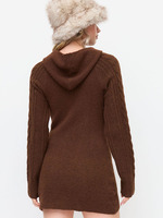 Robe pull moulante marron à manches longues en maille torsadée avec capuche et fermeture éclair pour femme, vente en gros, fabricant