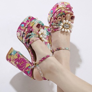 Mixed Flower Pearls Women Floral High Chunky Heels Ankle Strap Rhinestone Summer Outdoor Party Dress Thick Platform <b>Shoes</b> - Product Image 2