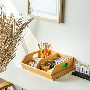Wooden Desktop Organizer Rectangle Natural Wood Color <b>Open</b> Top With Compartments Office Storage Box For Desk Accessories - Product Image 1