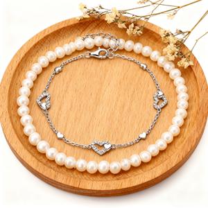 डबल हार्ट S925 सिल्वर जिरकॉन चेन और लिंक ट्रेंडी यूनिसेक्स ब्रेसलेट - Product Image 2