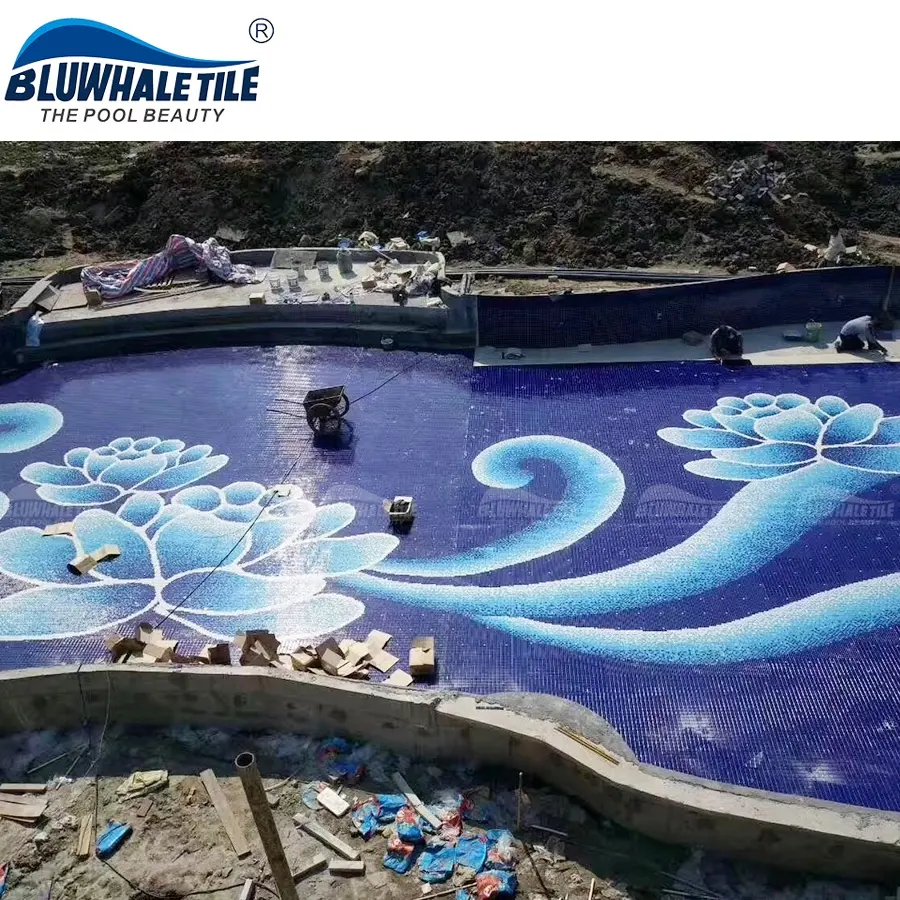 Bluwhale Customized Dark Blue Mosaique Flower Pattern Handmade Mural Mosaic Swimming Pool Tiles Mosaic For Spa Project