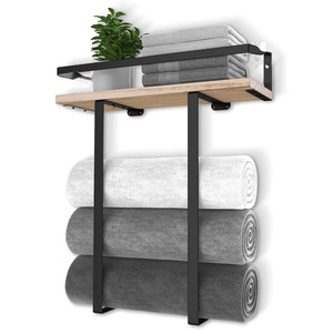 Wooden Towel Rack With Fencing And Mesh Wall Mounted Organizer <b>Shelf</b> 4 <b>Bars</b> 3 Floors Minimalist Design Bathroom Storage - Product Image 5
