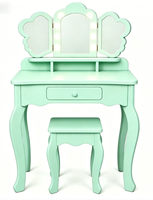 Ensemble de coiffeuse pour enfants en bois rose avec tabouret, miroir à lumière LED, 1 tiroir et étagères pour filles