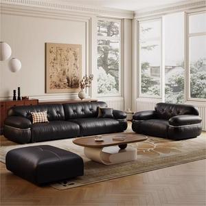 Mid Century Retro Black Top Grain Leather <b>Sofa</b> Three Seater Luxury Steel Frame For <b>Small</b> Living Room - Product Image 3