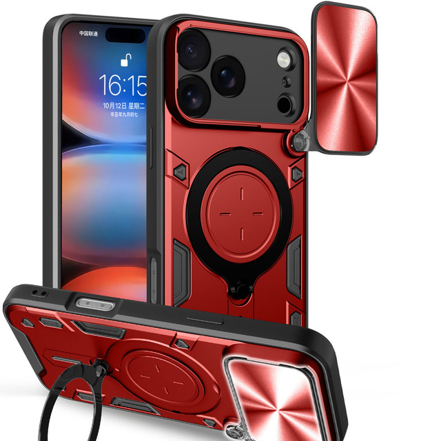 Slide Camera Cover Durable Shockproof Hard Metal Case with Stand Protective Tough Cover for iPhone 13 14 15 Plus 16 Pro Max