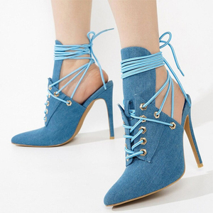 Sandalias de tacón de aguja con corte trasero para mujer, sexy, de mezclilla, con punta puntiaguda y cordones en el tobillo - Product Image 2