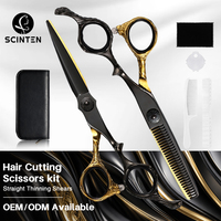 Ensemble professionnel de ciseaux à cheveux pour droitiers, acier inoxydable 440C, 6 pouces, noir et or, ciseaux à effiler, pour salon de coiffure