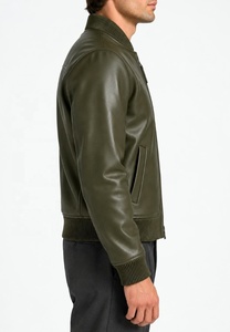 Blouson bomber en cuir vert olive pour homme, col côtelé, fermeture éclair - Product Image 3