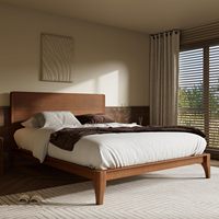 Holzplattformbett im Mid-Century-Stil mit hohem Kopfteil, Sperrholzlattenrost, kein Boxspringbett erforderlich