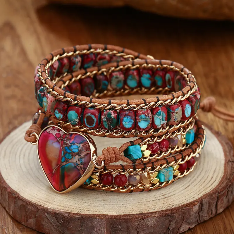 Romantic 3 Strand Heart Shape Leather Wrap Bracelet Vintage Purple Natural Stone Weaving Cuff Bracelet Bohemian Jewelry
